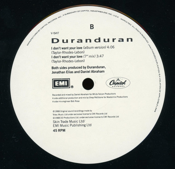Duran Duran - I Don't Want Your Love - Mint- 12" Single Record 1988 Capitol USA Vinyl - Pop Rock / Synth-pop - Shuga Records