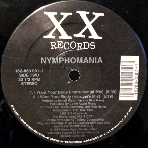 Nymphomania - I Want Your Body - Mint- 12" Single Record 1991 XX USA Vinyl - Techno / Hardcore / Euro House - Shuga Records