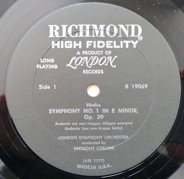 Anthony Collins & London Symphony Orchestra – Sibelius - Symphony No. 1 In E Minor, Op. 39 - Mint- LP Record 1960 London Richmond USA Mono Vinyl - Classical - Shuga Records
