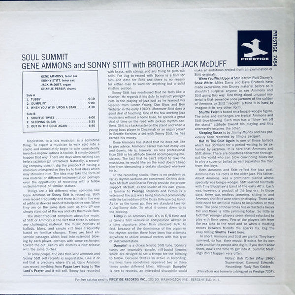 Gene Ammons And Sonny Stitt With Brother Jack McDuff - Soul Summit (1962) - VG+ LP Record 1966 Prestige - Jazz / Soul-Jazz - Shuga Records