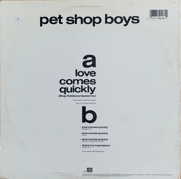 Pet Shop Boys - Love Comes Quickly - Mint- (VG cover) 12" Single Record 1986 EMI USA Vinyl - Synth-pop - Shuga Records