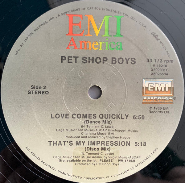 Pet Shop Boys - Love Comes Quickly - Mint- (VG cover) 12" Single Record 1986 EMI USA Vinyl - Synth-pop - Shuga Records