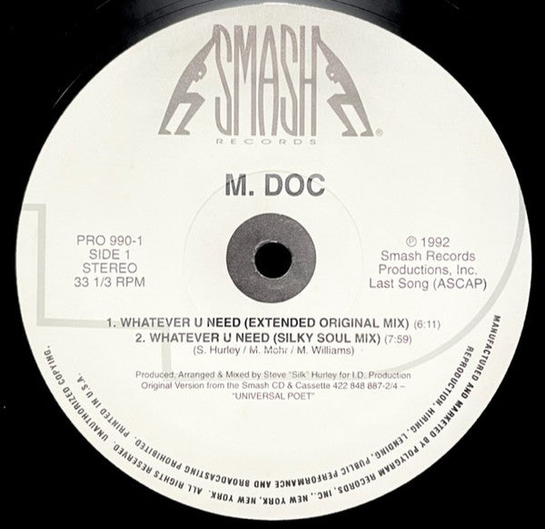 M. Doc - Whatever U Need - VG+ 12" Single Record 1992 Smash USA Vinyl - House - Shuga Records