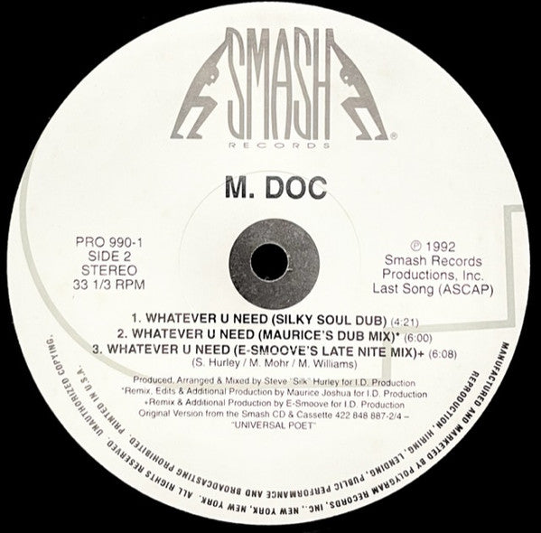 M. Doc - Whatever U Need - VG+ 12" Single Record 1992 Smash USA Vinyl - House - Shuga Records