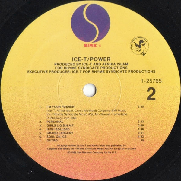 Ice-T - Power - VG+ (VG cover) LP Record 1988 Sire Rhyme Syndicate USA Original Vinyl - Hip Hip / Gangsta
