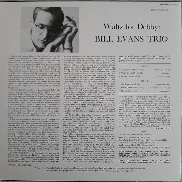 Bill Evans Trio – Waltz For Debby (1962) - Mint- LP Record 2009 Riverside Original Jazz Classics USA Vinyl - Jazz / Post Bop / Modal - Shuga Records
