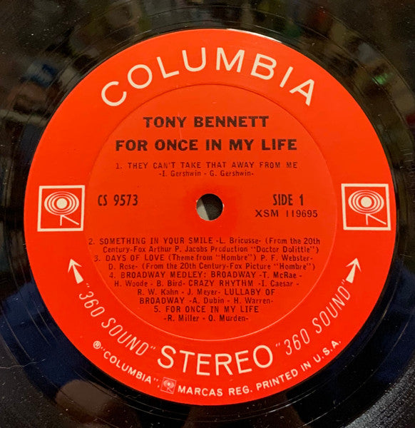 Tony Bennett - For Once In My Life - Mint- LP Record 1967 Columbia USA Original Press 360 Vinyl - Jazz / Big Band / Vocal / Pop - Shuga Records