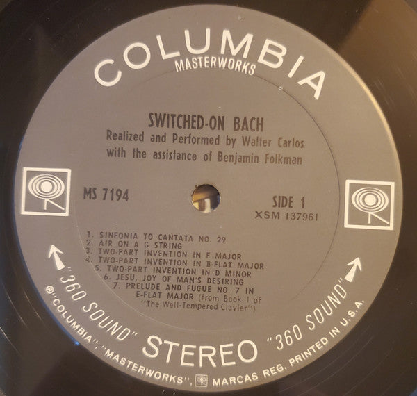 Walter Carlos ‎– Switched-On Bach - Mint- LP Record 1968 Columbia USA 360 Vinyl - Moog / Modern Classical