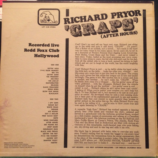 Richard Pryor - "CRAPS" - After Hours - VG+ LP Record 1971 Laff USA Original Vinyl - Comedy - Shuga Records