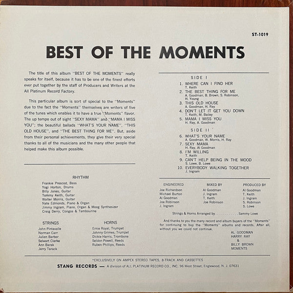 The Moments - The Best Of The Moments - VG LP Record 1973 Stang USA Original Vinyl - Soul / Funk - Shuga Records