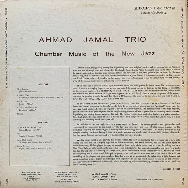 Ahmad Jamal ‎– Chamber Music Of The New Jazz (1955) - Mint- LP Record 1958 Argo USA Mono Vinyl & RARE Orange Lettering And Logo Box - Cool Jazz - Shuga Records