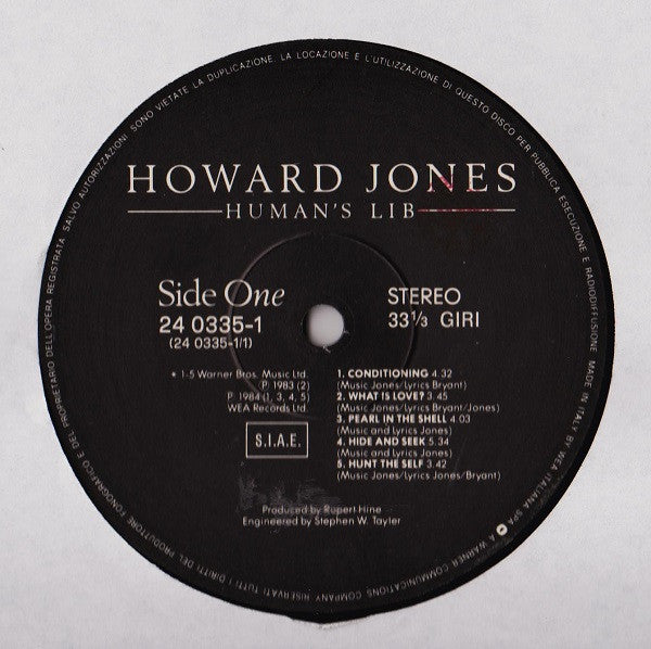 Howard Jones – Human's Lib - VG+ LP Record 1984 WEA Italy Vinyl - Pop Rock / Synth-pop - Shuga Records