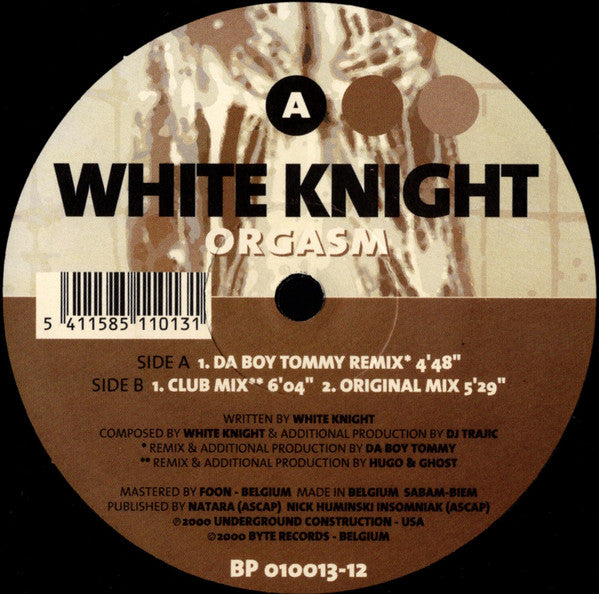 White Knight - Orgasm - VG 12" Single Record 2000 Byte Progressive Belgium Vinyl - Chicago Hard House / Jumpstyle