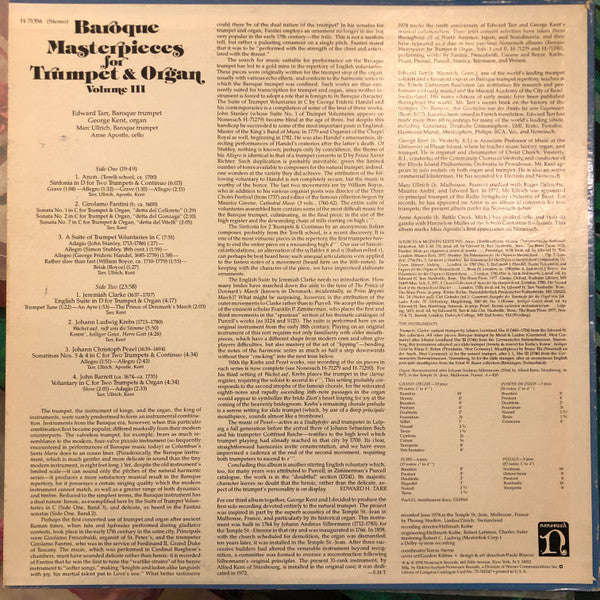Edward Tarr, George Kent, Marc Ullrich, Anne Apostle - Baroque Masterpieces For Trumpet & Organ Volume III - New LP Record 1978 Nonesuch USA Original Vinyl - Classical - Shuga Records