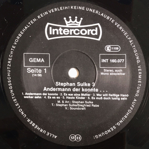 Stephan Sulke – Stephan Sulke 3 (Andermann Der Konnte...) - VG+ LP Record 1978 Intercord Germany Vinyl & Foil Cover - Pop Rock / Chanson - Shuga Records