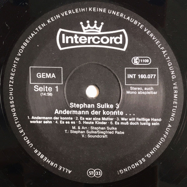 Stephan Sulke – Stephan Sulke 3 (Andermann Der Konnte...) - VG+ LP Record 1978 Intercord Germany Vinyl & Foil Cover - Pop Rock / Chanson
