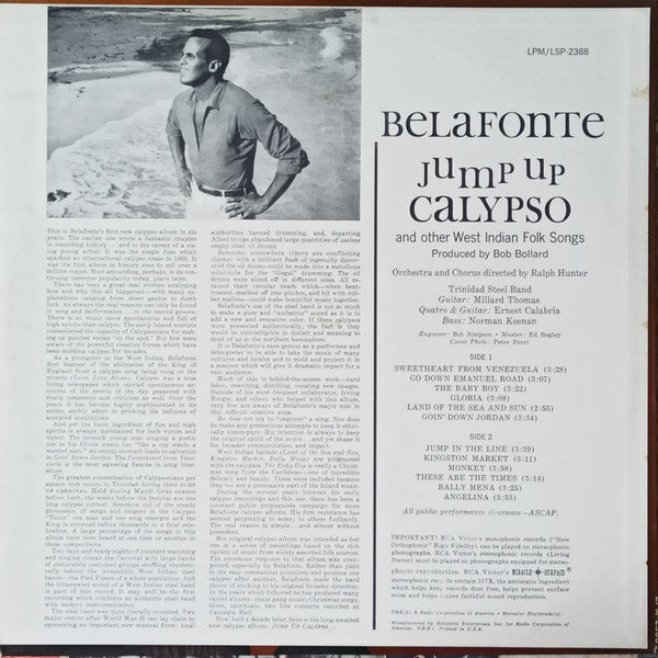 Harry Belafonte - Jump Up Calypso - VG+ LP Record 1961 RCA Victor USA Original Mono Vinyl - Calypso / Folk / Vocal - Shuga Records
