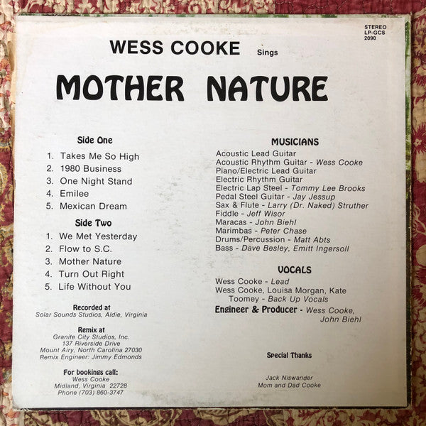 Wess Cooke – Mother Nature - VG+ LP Record G.C.R.S. Private Press Outsider USA Vinyl & Autographed - Soft Rock / Country Rock - Shuga Records