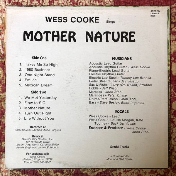 Wess Cooke – Mother Nature - VG+ LP Record G.C.R.S. Private Press Outsider USA Vinyl & Autographed - Soft Rock / Country Rock