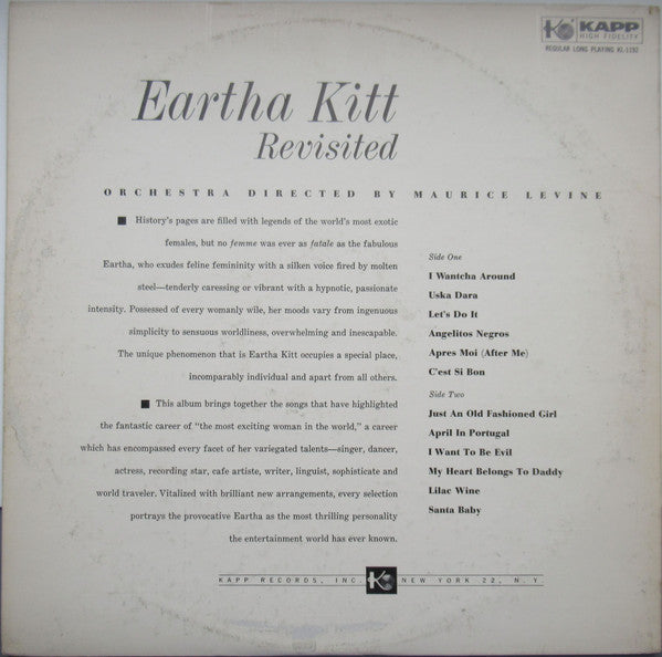 Eartha Kitt – Revisited - VG LP Record Kapp USA Mono Original Vinyl RARE - Jazz / Vocal / Soul / Swing - Shuga Records