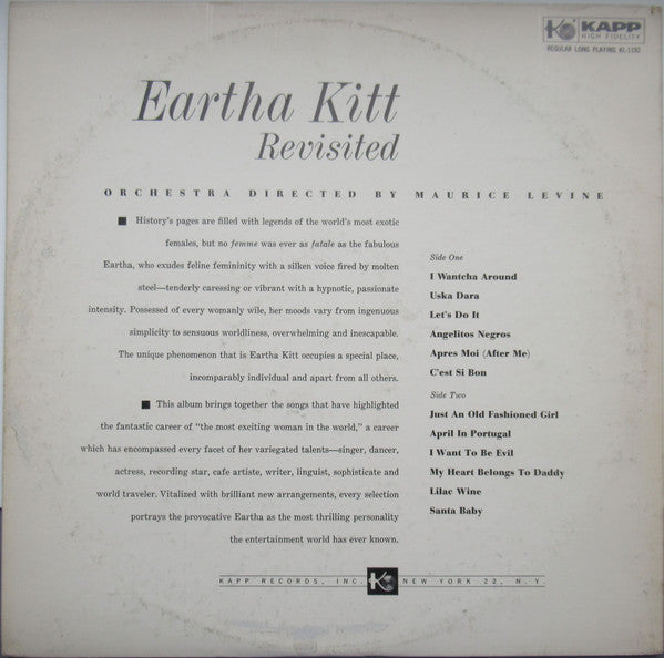 Eartha Kitt – Revisited - VG LP Record Kapp USA Mono Original Vinyl RARE - Jazz / Vocal / Soul / Swing
