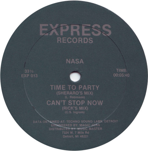 Nasa - Time To Party- VG 12" Single Record 1987 Express USA Original RARE Vinyl - Techno / Detroit Techno - Shuga Records