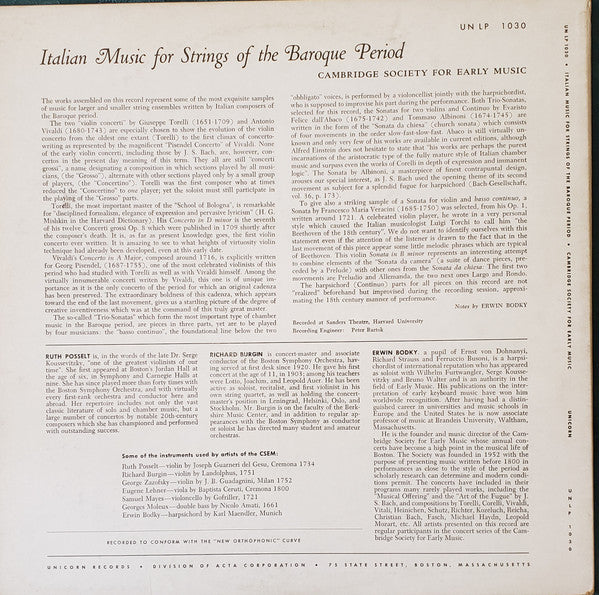 Cambridge Society for Early Music - Italian Music for Strings of the Baroque Period - VG+ LP Record 1956 Unicorn USA Mono Vinyl - Classical - Shuga Records