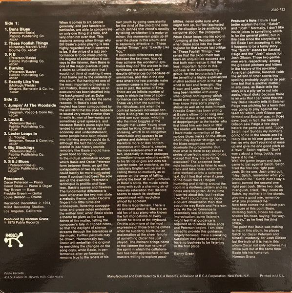 Count Basie Encounters Oscar Peterson - "Satch" And "Josh" - Mint- LP Record 1975 Pablo USA Original Vinyl - Jazz / Bop - Shuga Records