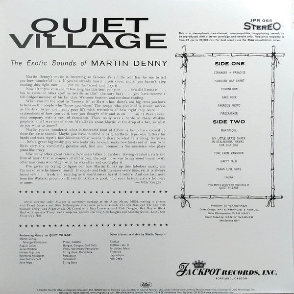 Martin Denny - Quiet Village The Exotic Sounds Of Martin Denny (1959) - New LP Record 2020 Jackpot Lime Green Vinyl - Exotica / Jazz / Tiki / Pacific - Shuga Records