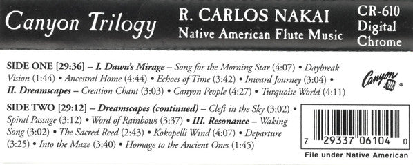 R. Carlos Nakai - Canyon Trilogy (Native American Flute Music) - VG+ Cassette 1989 Canyon USA Clear Tape - Folk / Native American - Shuga Records