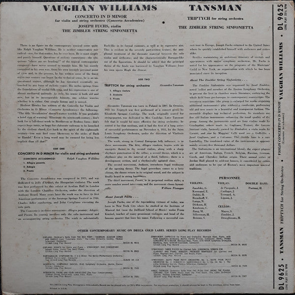 Joseph Fuchs / The Zimbler String Sinfonietta - Williams / Tansman - Concerto / Triptych - Mint- LP Record 1952 Decca USA Mono Vinyl - Modern Classical - Shuga Records
