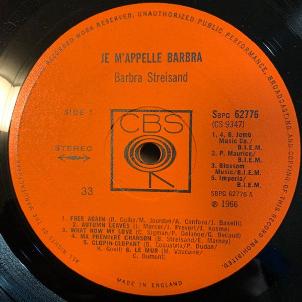 Barbra Streisand - Je M'Appelle Barbra - VG+ LP Record 1966 CBS UK Stereo Original Press Vinyl - Pop / Ballad - Shuga Records