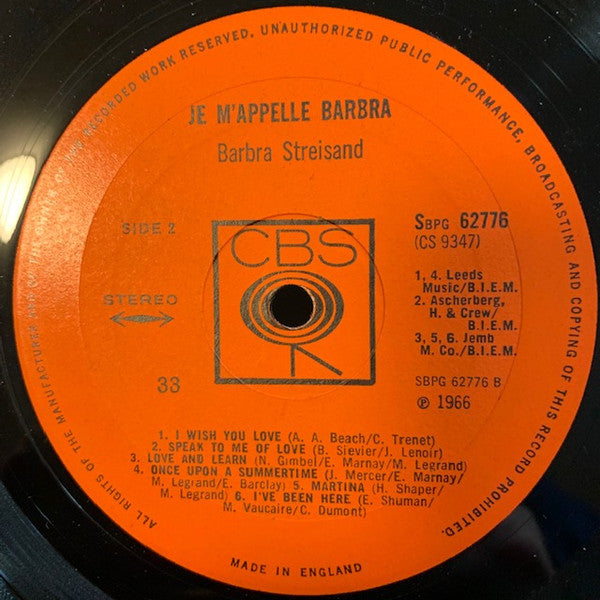 Barbra Streisand - Je M'Appelle Barbra - VG+ LP Record 1966 CBS UK Stereo Original Press Vinyl - Pop / Ballad - Shuga Records