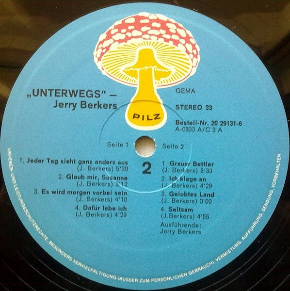 Jerry Berkers - Unterwegs - VG+ LP Record 1972 Pilz Germany Vinyl - Psychedelic Rock / Folk Rock - Shuga Records