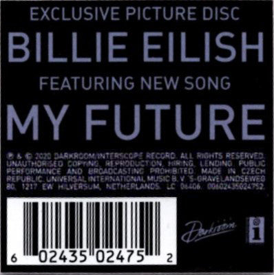 Billie Eilish - My Future - New 7" Single Record 2020 Darkroom Picture Disc Vinyl - Indie Pop - Shuga Records