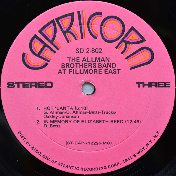 The Allman Brothers Band - The Allman Brothers Band At Fillmore East - VG+ 2 LP Record 1971 Capricorn USA Original Pink Label Vinyl - Classic Rock / Blues Rock - Shuga Records