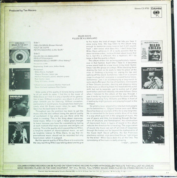 Miles Davis - Filles De Kilimanjaro - VG+ (VG cover) LP Record 1969 Columbia USA Original Vinyl (360 label) - Jazz / Fusion / Bop - Shuga Records