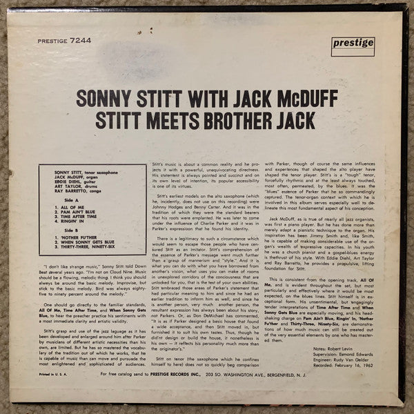 Sonny Stitt With Jack McDuff - Stitt Meets Brother Jack - VG- (lower grade) LP Record 1962 Prestige USA Mono Original Vinyl - Jazz / Bop / Soul-Jazz - Shuga Records