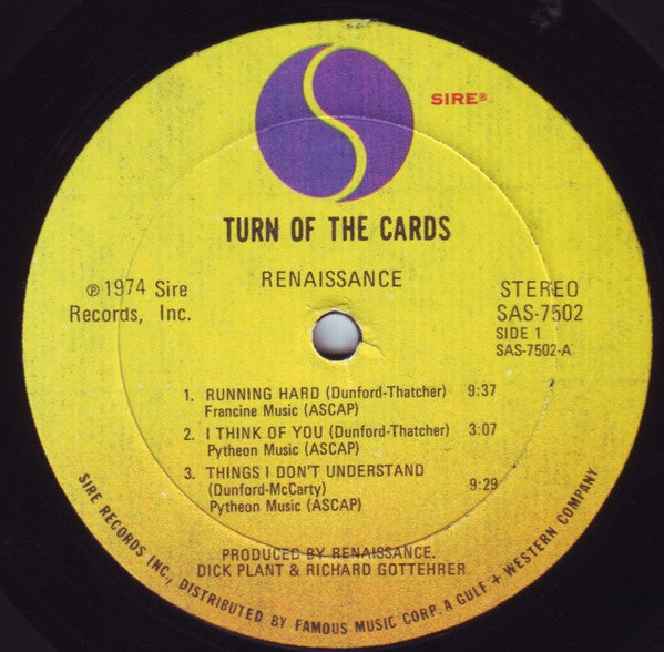 Renaissance - Turn Of The Cards LP VG+ LP Record 1974 Sire USA Original Vinyl - Prog Rock / Symphonic Rock - Shuga Records