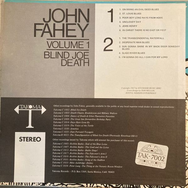 John Fahey - Volume 1 / Blind Joe Death (1959) - Mint- (VG+ cover) LP Record 1968 Takoma USA Vinyl - Folk / Folk Rock / Acoustic - Shuga Records