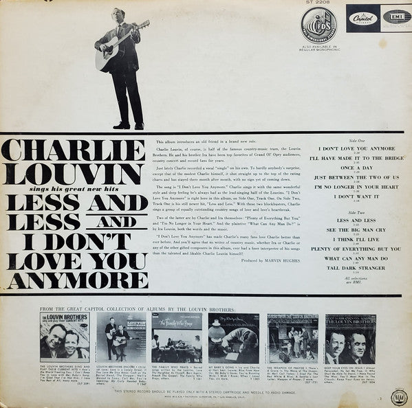 Charlie Louvin - Less And Less And I Don't Love You Anymore - VG+ LP Record 1965 Capitol USA Original Vinyl - Country - Shuga Records