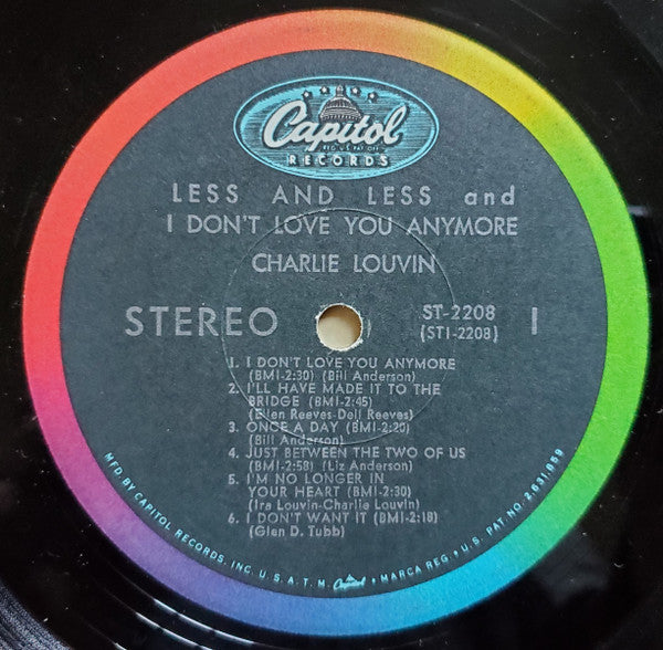 Charlie Louvin - Less And Less And I Don't Love You Anymore - VG+ LP Record 1965 Capitol USA Original Vinyl - Country - Shuga Records