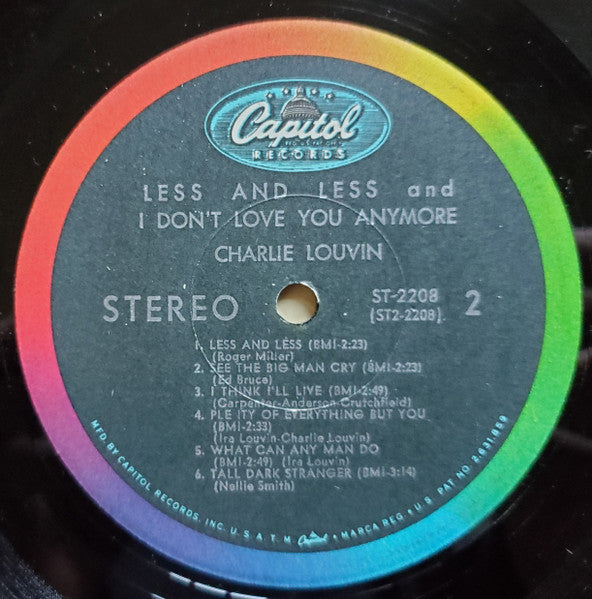 Charlie Louvin - Less And Less And I Don't Love You Anymore - VG+ LP Record 1965 Capitol USA Original Vinyl - Country - Shuga Records