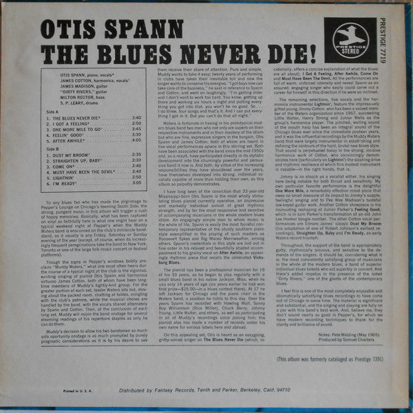 Otis Spann - The Blues Never Die! (1965) - Mint- LP Record 1970s Prestige USA Lime Green Label Vinyl - Blues / Chicago Blues - Shuga Records
