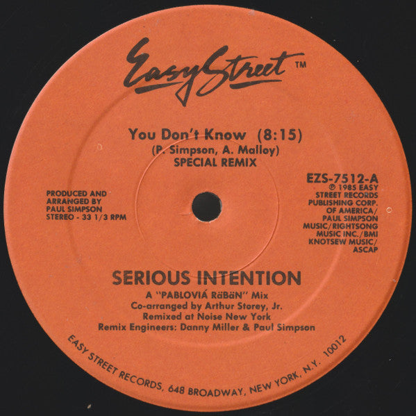 Serious Intention - You Don't Know (Special Remix) - VG+ 12" Single Record 1985 Easy Street USA - Garage House - Shuga Records