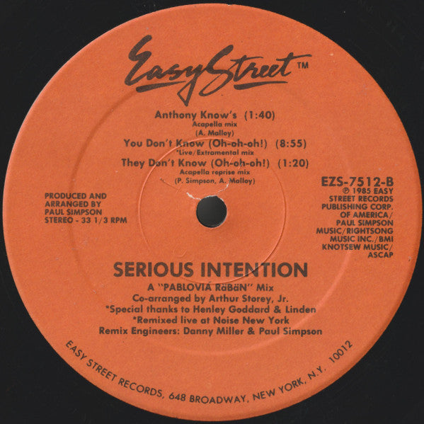 Serious Intention - You Don't Know (Special Remix) - VG+ 12" Single Record 1985 Easy Street USA - Garage House - Shuga Records
