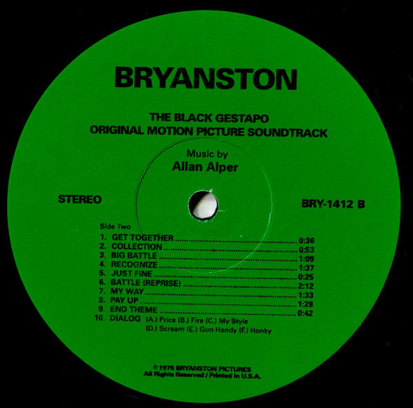 Allan Alper - The Black Gestapo (Original Motion Picture 1975) - VG+ LP Record 1990s Bryanston Pictures USA Unofficial Vinyl - Soundtrack / Dialogue / Funk