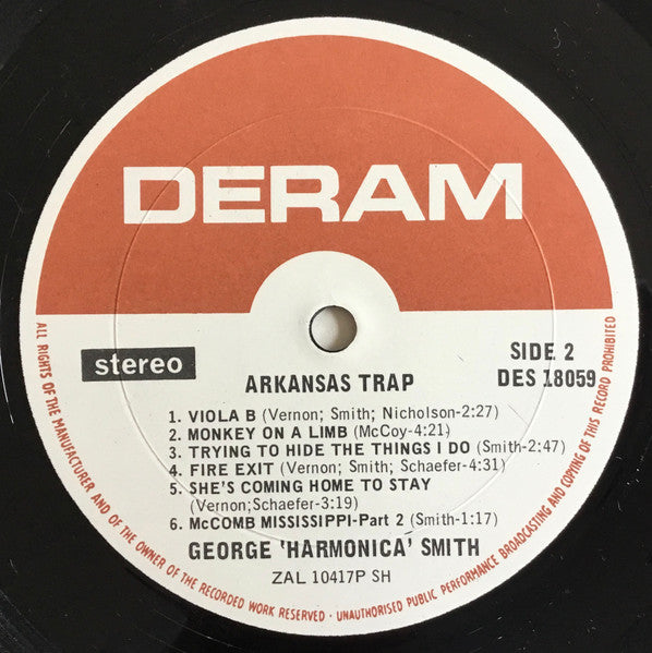 George "Harmonica" Smith - Arkansas Trap - VG+ LP Record 1971 Deram USA Vinyl - Chicago Blues / Harmonica Blues - Shuga Records
