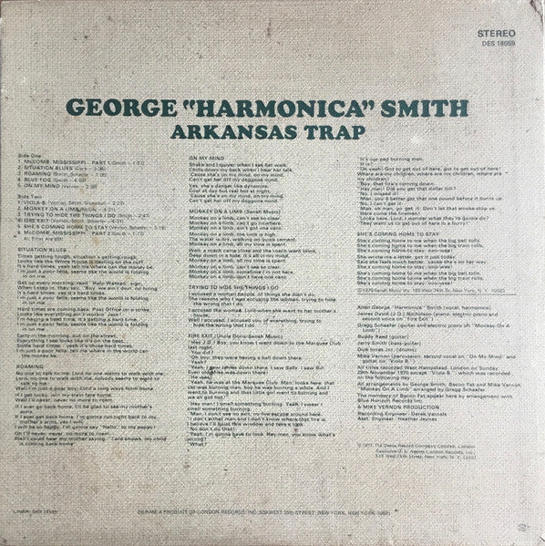 George "Harmonica" Smith - Arkansas Trap - VG+ LP Record 1971 Deram USA Vinyl - Chicago Blues / Harmonica Blues - Shuga Records