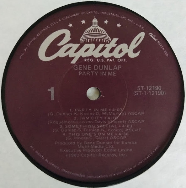 Gene Dunlap ‎– Party In Me - VG+ LP Record 1981 Capitol USA Vinyl - Boogie / Funk / Disco / Soul - Shuga Records